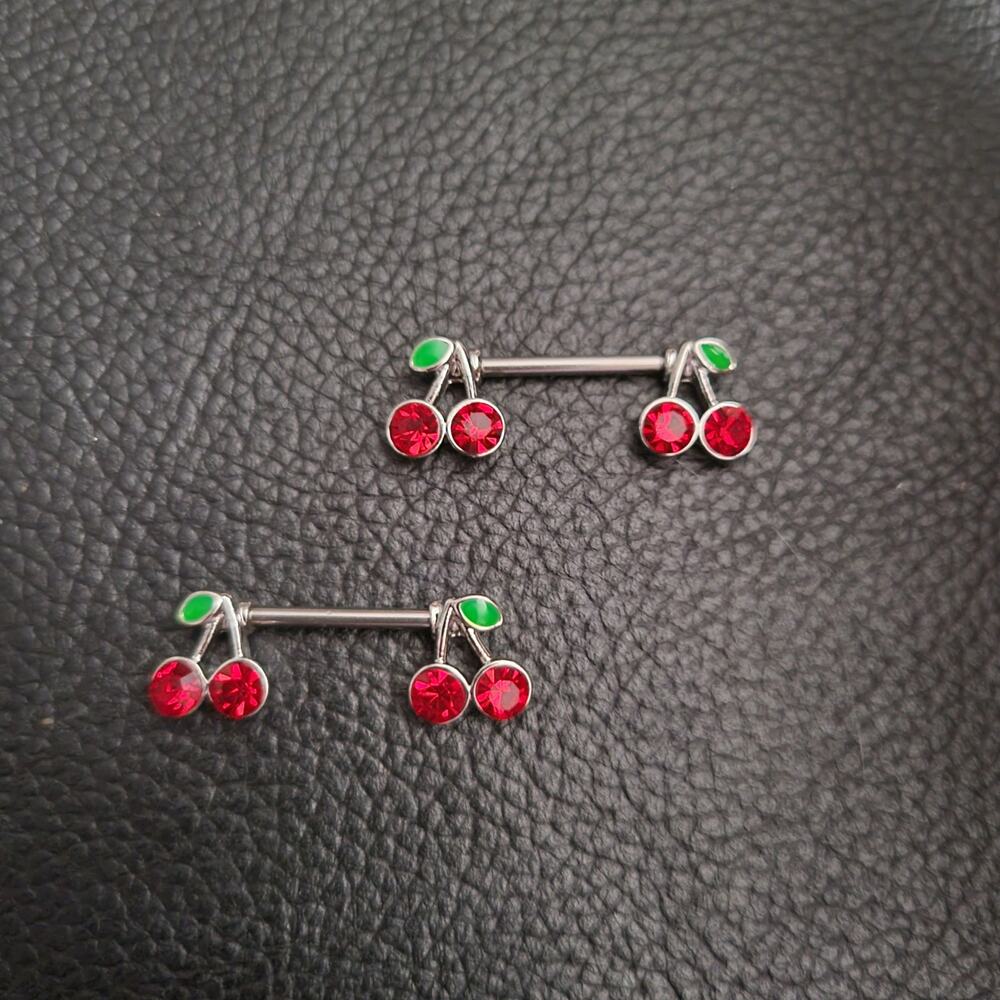 Crystal cherry stainless steel nipple rings  piercing barbell 14 gauge
